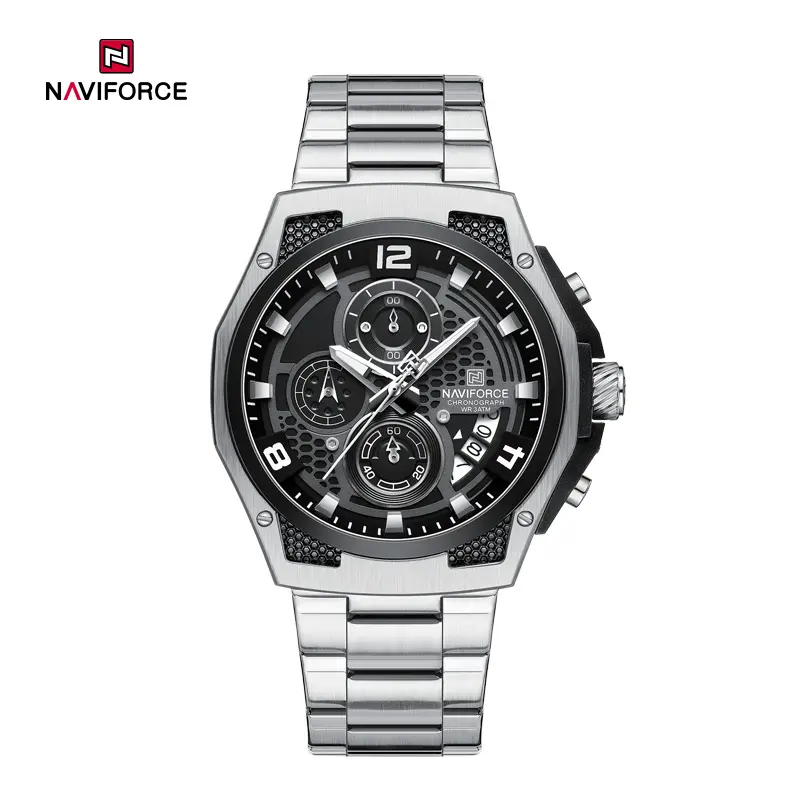 ساعت مچی مردانه Naviforce مدل NF8051 | بند استیل نقره ای، صفحه مشکی، کرونوگراف