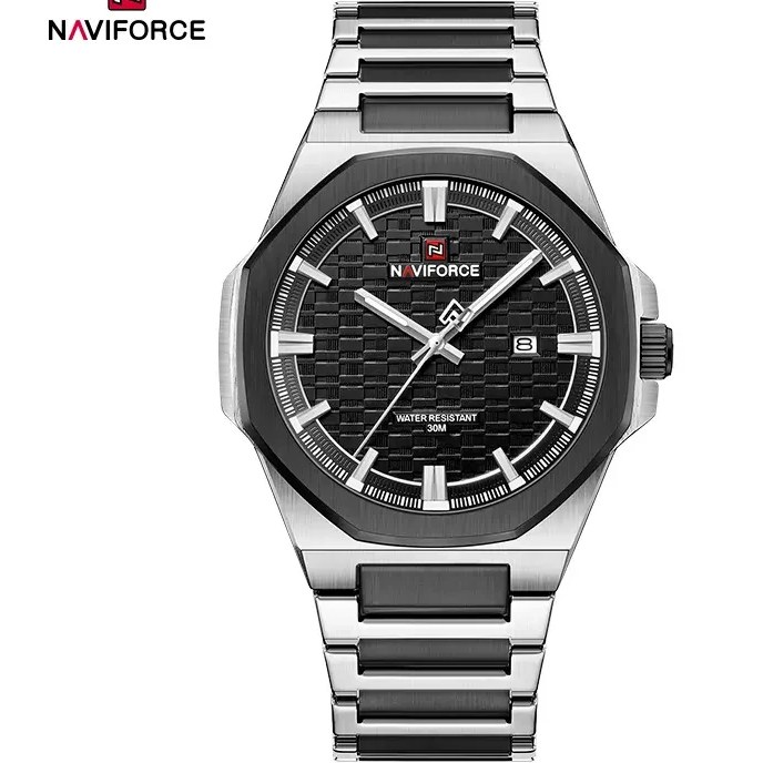 ساعت مچی مردانه Naviforce مدل NF9245 | بند استیل نقره ای مشکی ، صفحه مشکی، قاب نقره ای مشکی